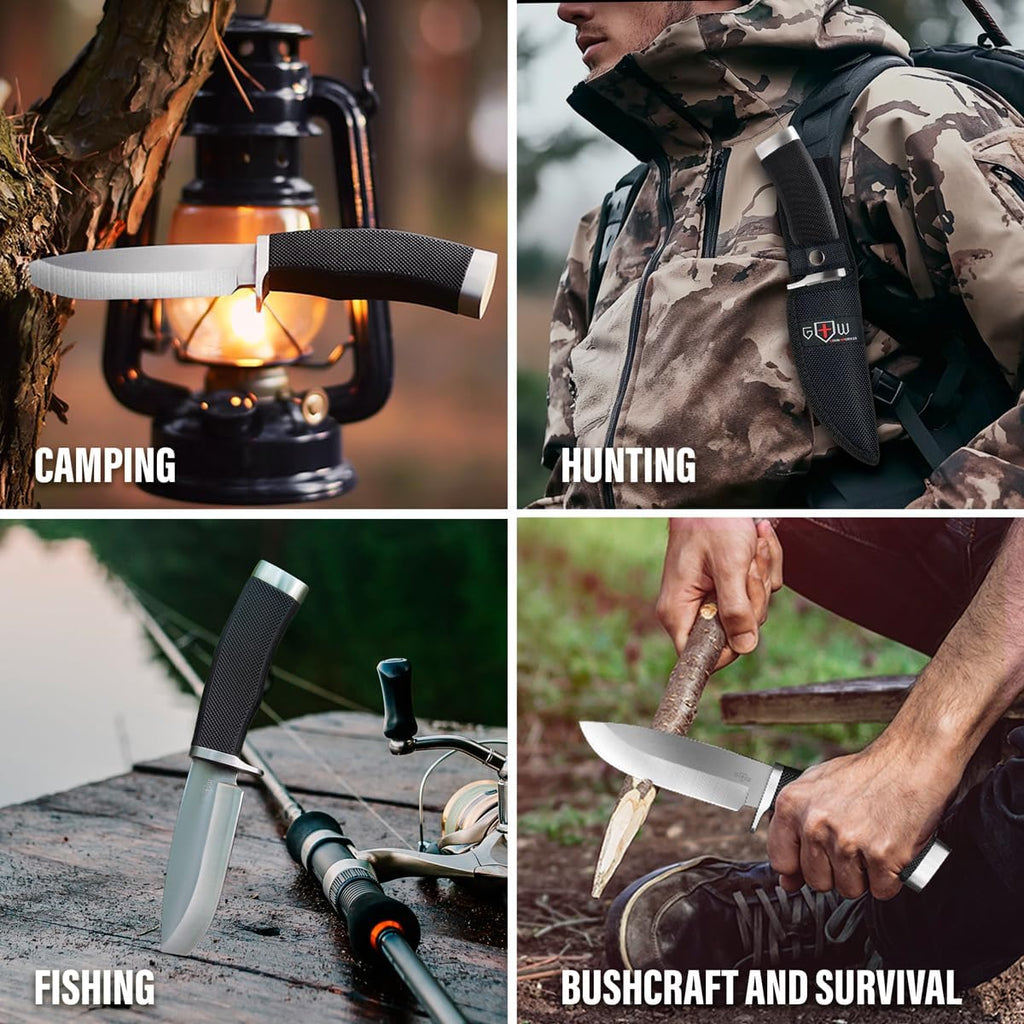 Hunting Knife with Sheath Survival Knives for Men - Best Tactical Camping Hunting Hiking Knife - Bushcraft Field Gear Accessories Tool - Fixed Blade Sharp Knofe with Rubber Handle for Men 148109