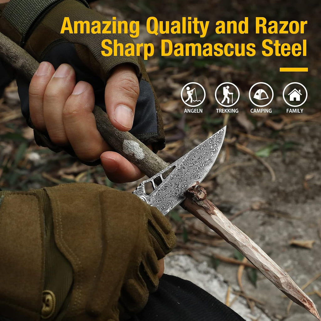 Damascus Pocket Knife for Men with Clip and Leather Sheath, Handcrafted 67-Layer Damascus Steel Folding Knife, Wood Handle, Ideal Gift for Father & Collector