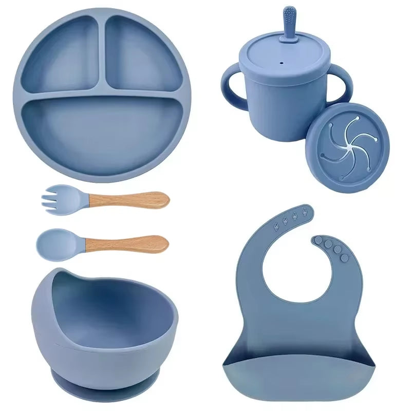 Food Grade Silicone Child Dish Set Baby Feeding Bowl Suction Plate Straw Cup Wooden Spoon Fork for Kids Tableware Toddler Dishes