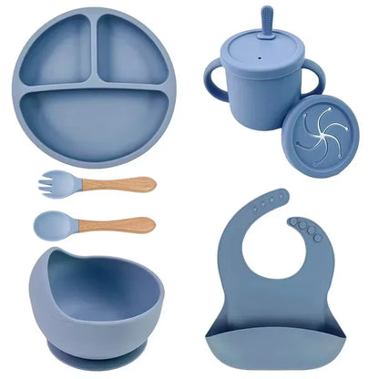Food Grade Silicone Child Dish Set Baby Feeding Bowl Suction Plate Straw Cup Wooden Spoon Fork for Kids Tableware Toddler Dishes