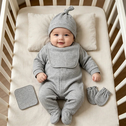 Baby Outfits Boy Girl Newborn 0 to 3 6 9 12 Months Spring Winter Cute Soft Baby Onesie Jumpsuit+Bibs+Hat Cotton Baby Clothes Set