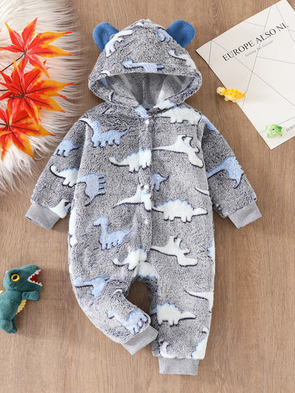 Cute and Warm Casual Fuzzy Dinosaur Printed Onesie for Baby Boys