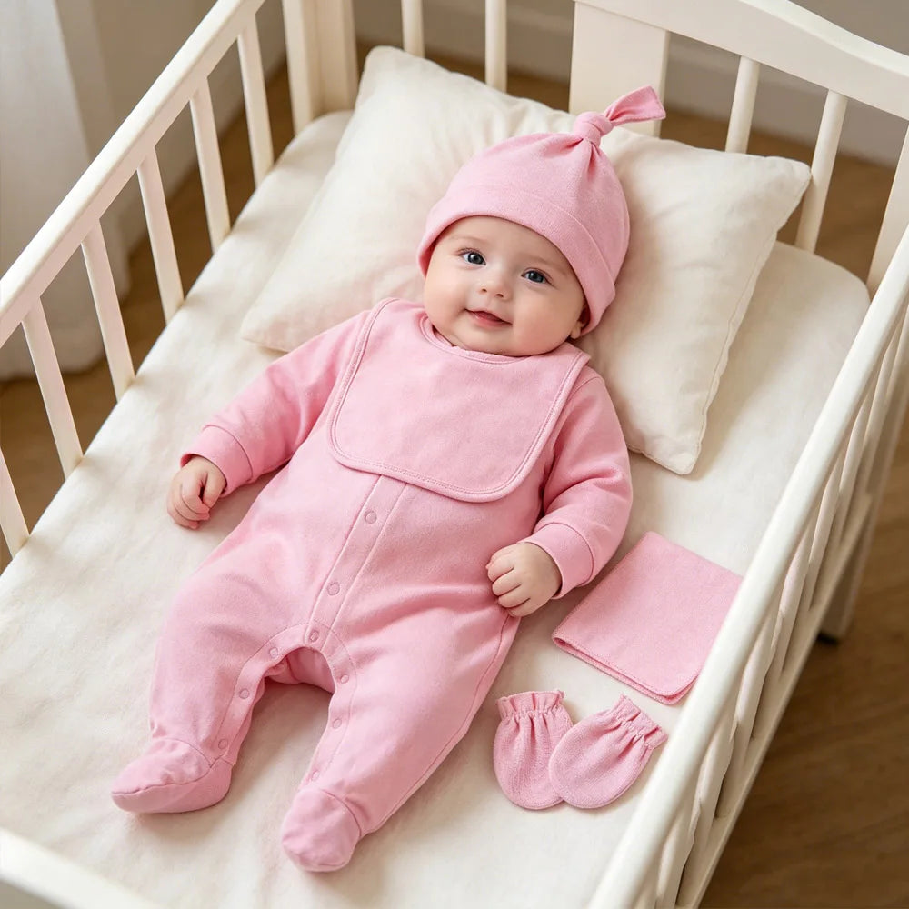 Baby Outfits Boy Girl Newborn 0 to 3 6 9 12 Months Spring Winter Cute Soft Baby Onesie Jumpsuit+Bibs+Hat Cotton Baby Clothes Set