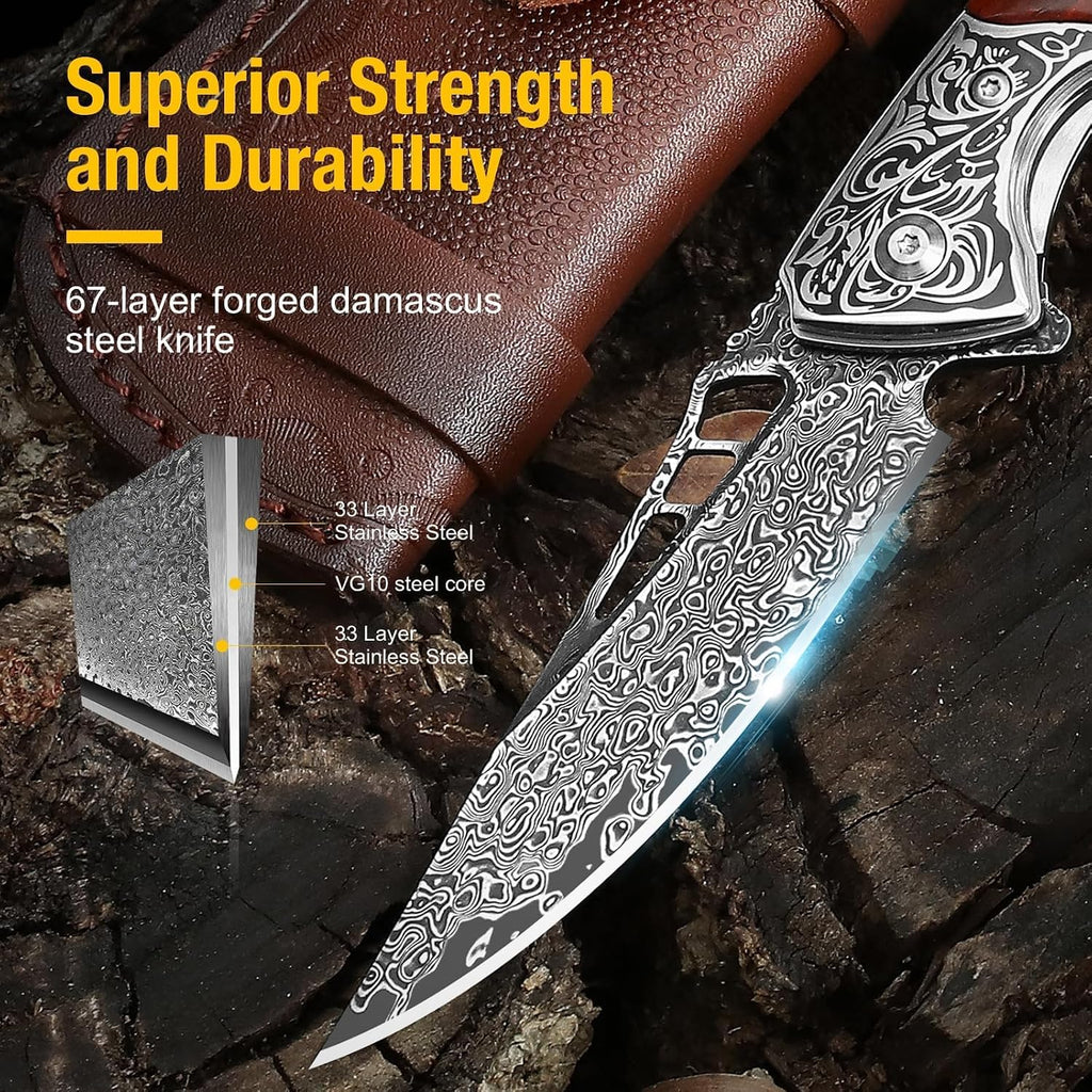 Damascus Pocket Knife for Men with Clip and Leather Sheath, Handcrafted 67-Layer Damascus Steel Folding Knife, Wood Handle, Ideal Gift for Father & Collector