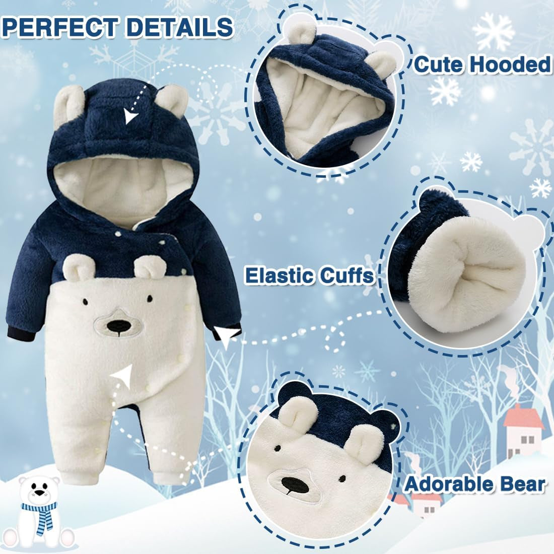 Cozy and Adorable Newborn Baby Bear Snowsuit - Winter Warm Fleece Romper for Infants 0-18M
