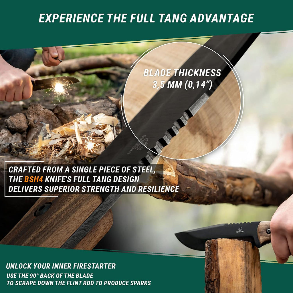 Bushcraft Knife Full Tang Carbon Steel BSH4 Dusk - Bush Fixed Blade Camping Knife with Sheath for Belt – Hiking, Survival Knives Tools Bushcraft Gear