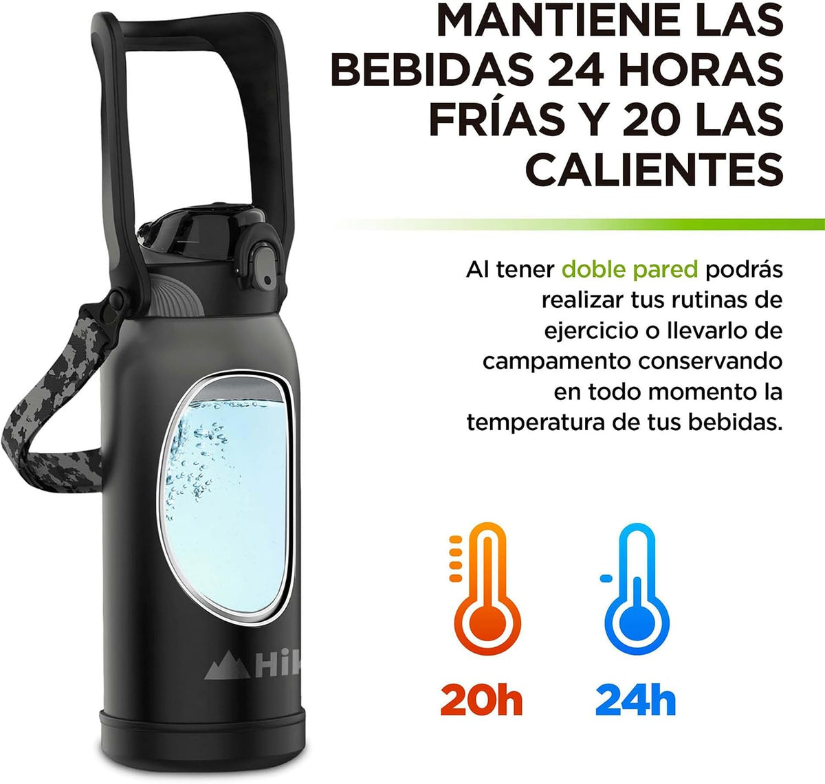 2 Litre Stainless Steel Water Flask Ultra Resistant with Handle, Straw and Adjustable Strap, Airtight with Lock Insurance, Cold up to 24 Hours and Hot up to 20 Hours