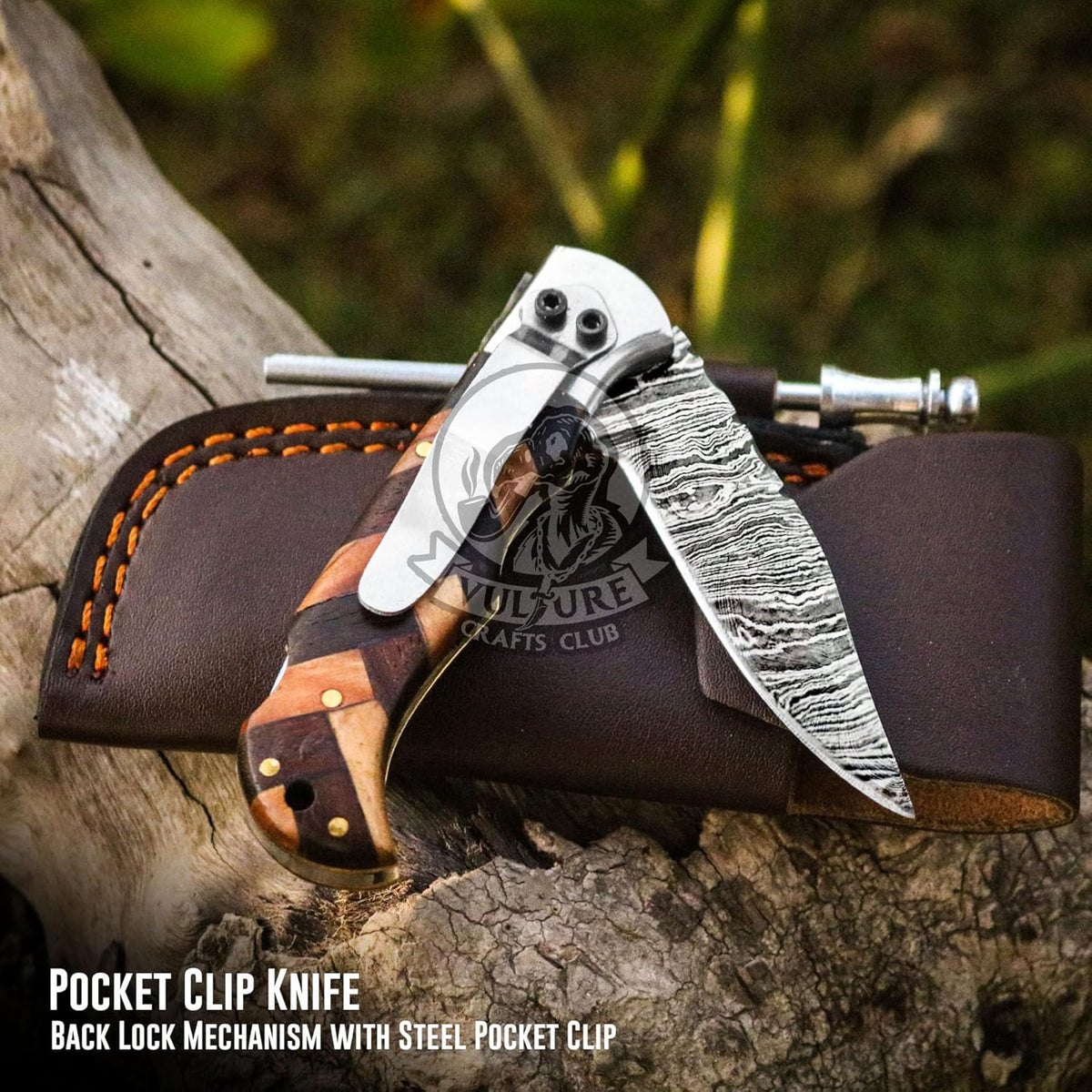 Damascus Pocket Knife for Men Handmade - 6.5 Inches Damascus Folding Knife with Sheath -Ideal for Him as an Anniversary Present - Best for EDC - Camping and Hiking - Pocket Knives with Back Lock