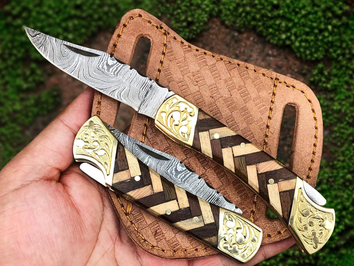 Handmade Damascus Pocket Knife with Sheath, 7" Folding Hunting Knife with Wood Handle, Small Camping Knife for Outdoor