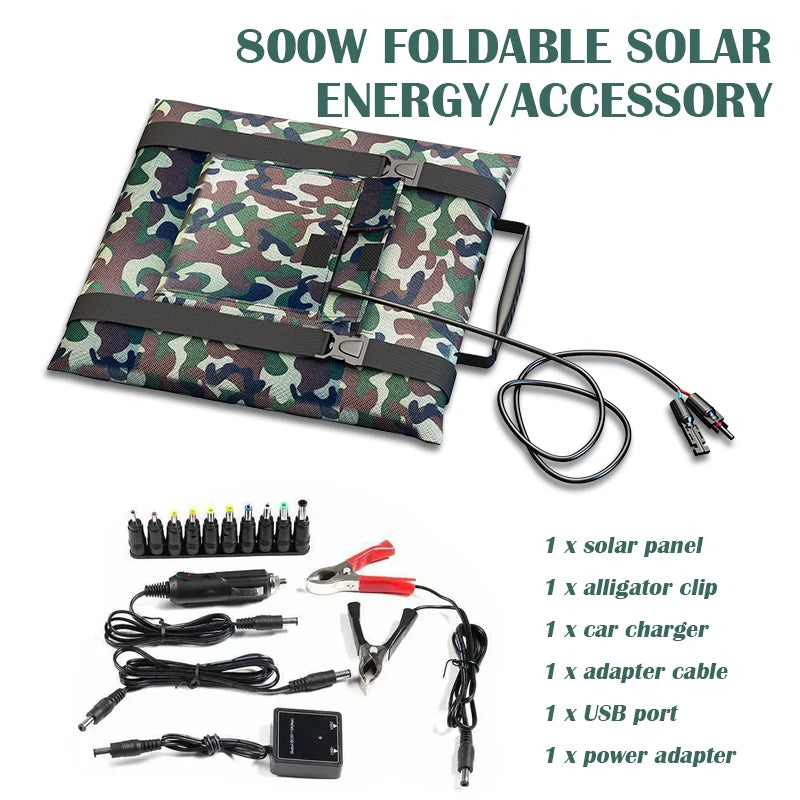 800W Solar Generator with 12V Battery Charging & 5V USB – Portable Foldable Power Station for Camping, Hiking, and Adventures